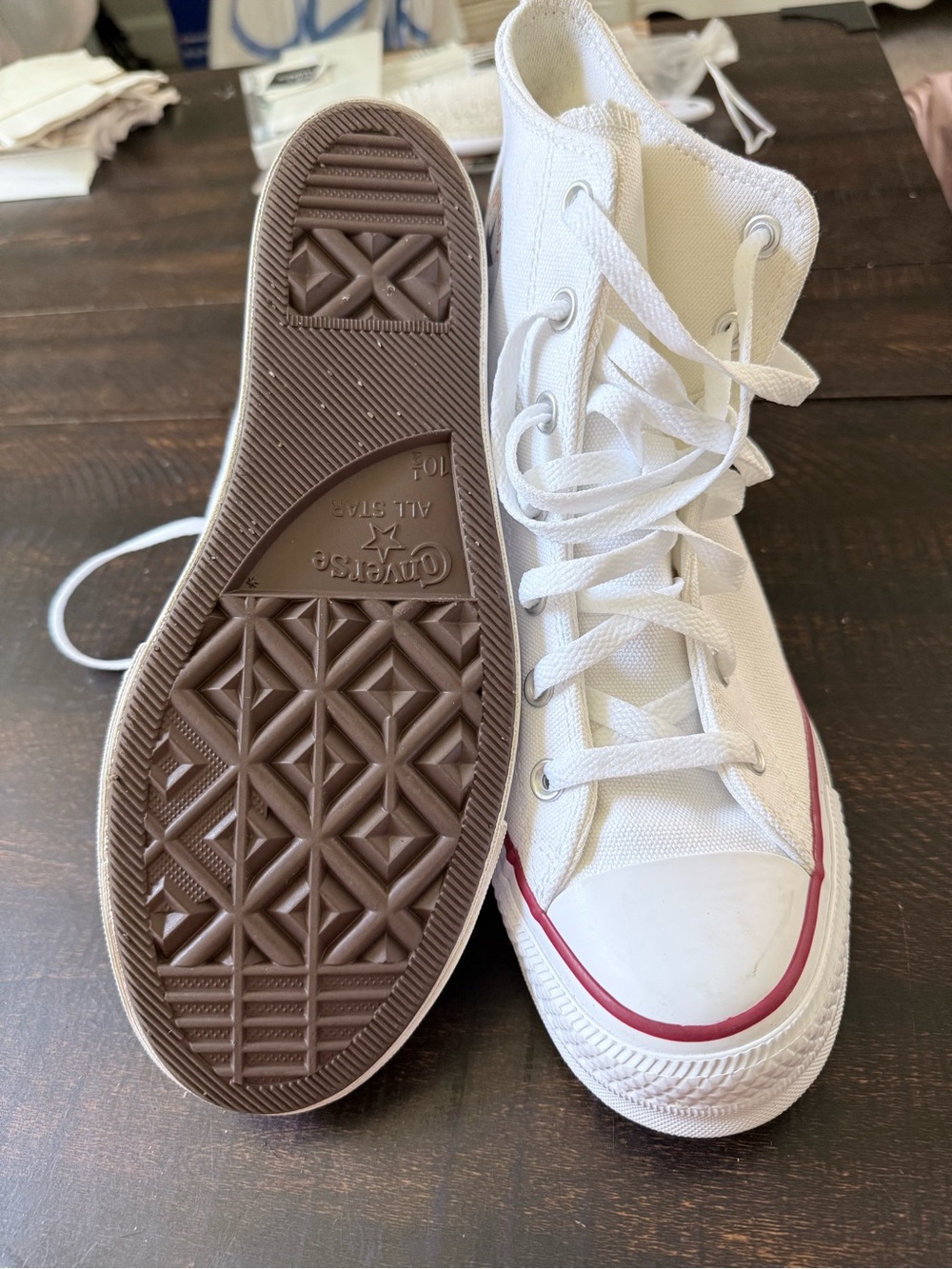 Converse Women’s White High-Top Canvas Sneakers with Red Stripe